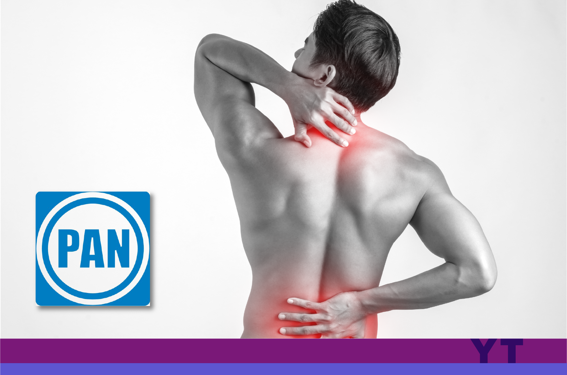 Persona de espaldas con las manos en cuello y espalda baja denotando dolor junto al logo del partido Acci?n Nacional