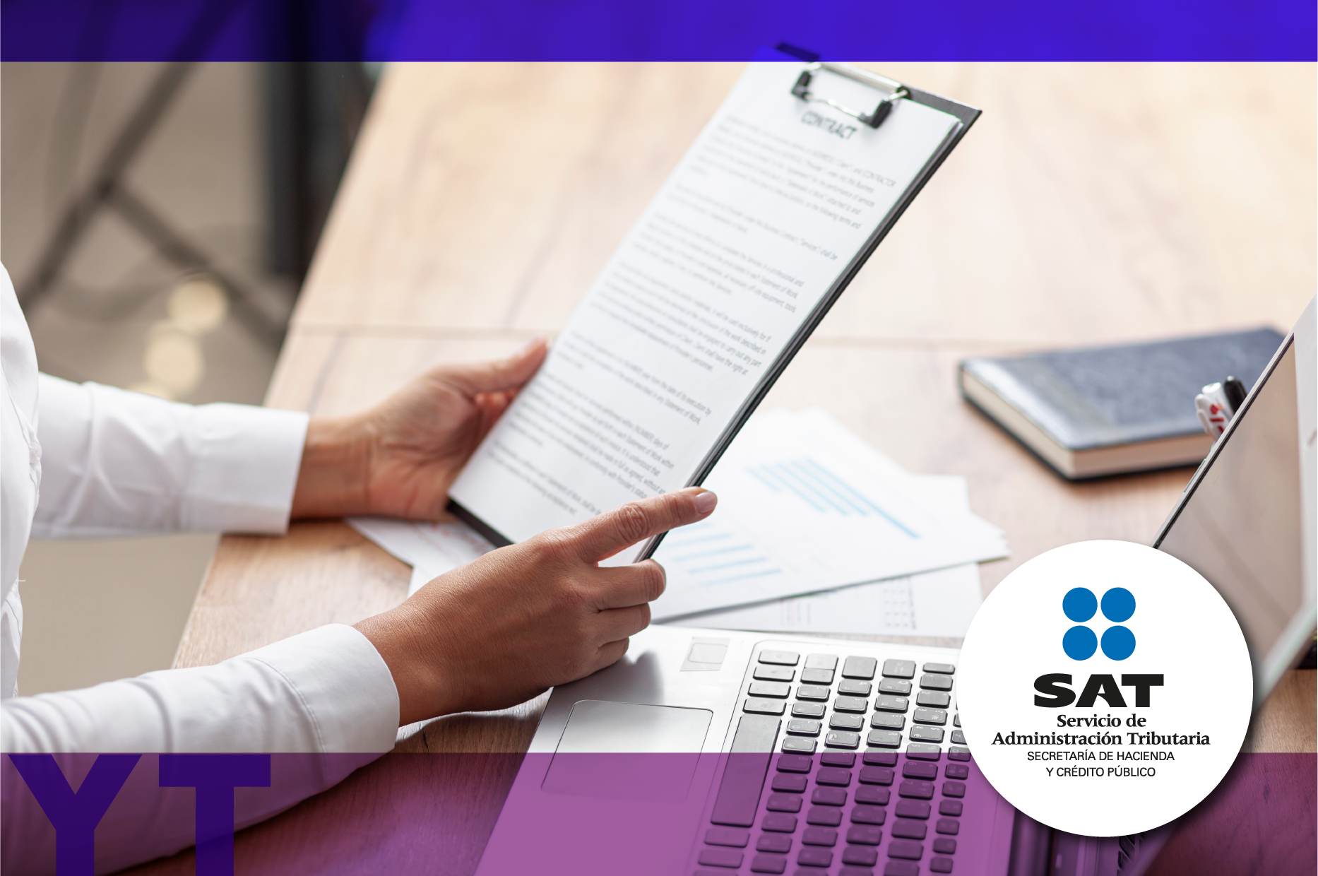 Una tabla con documentos y una computadora junto al logotipo del SAT