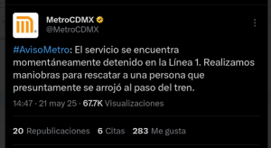 Tweet del Metro de la Ciudad de México informando sobre la suspensi?n del servicio a causa del rescate de una persona que se arroj? a la v?as