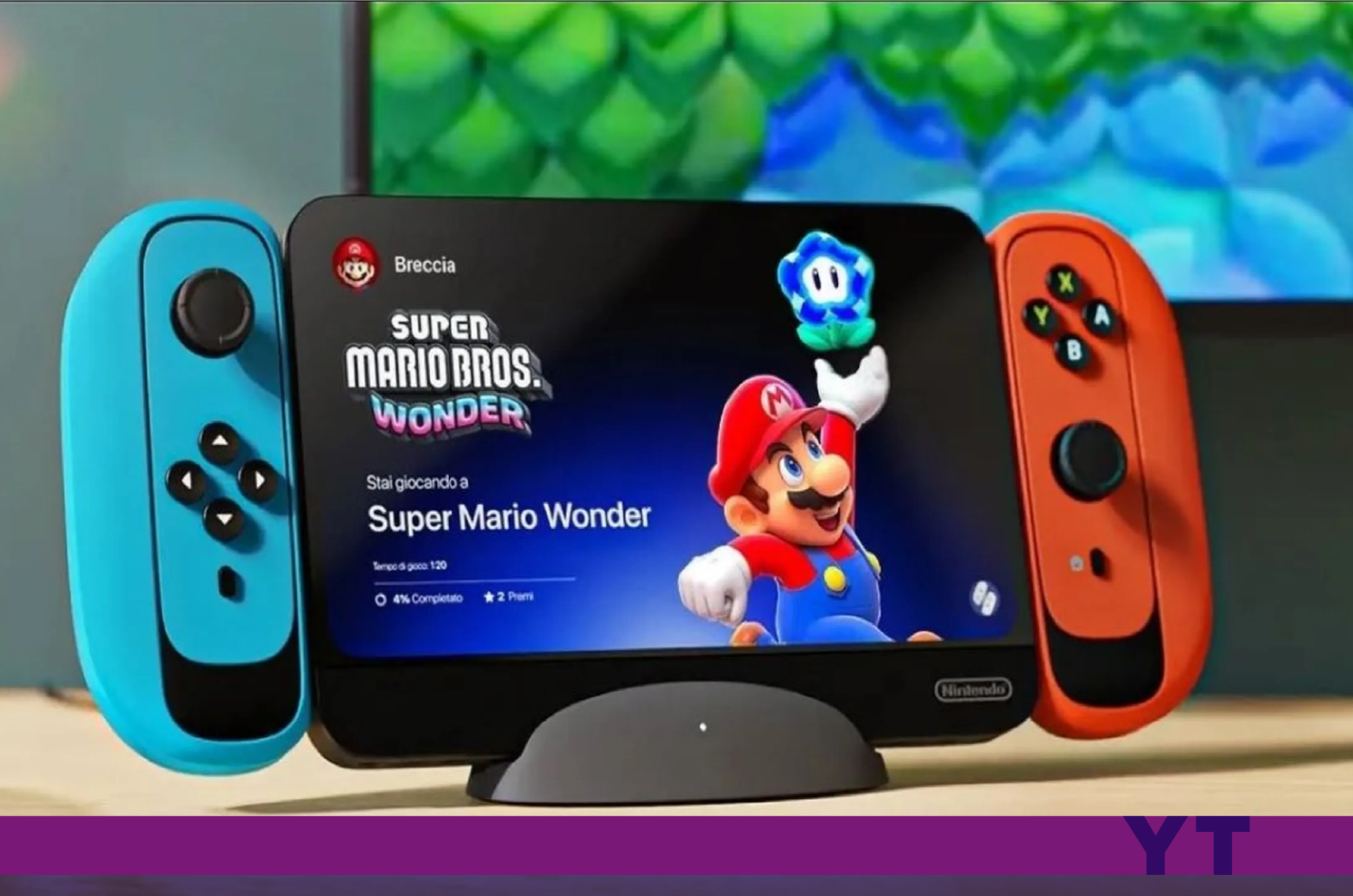 Ilustraci?n de la consola Nintendo Switch 2 con el videojuego Super Mario Wonder en pantalla
