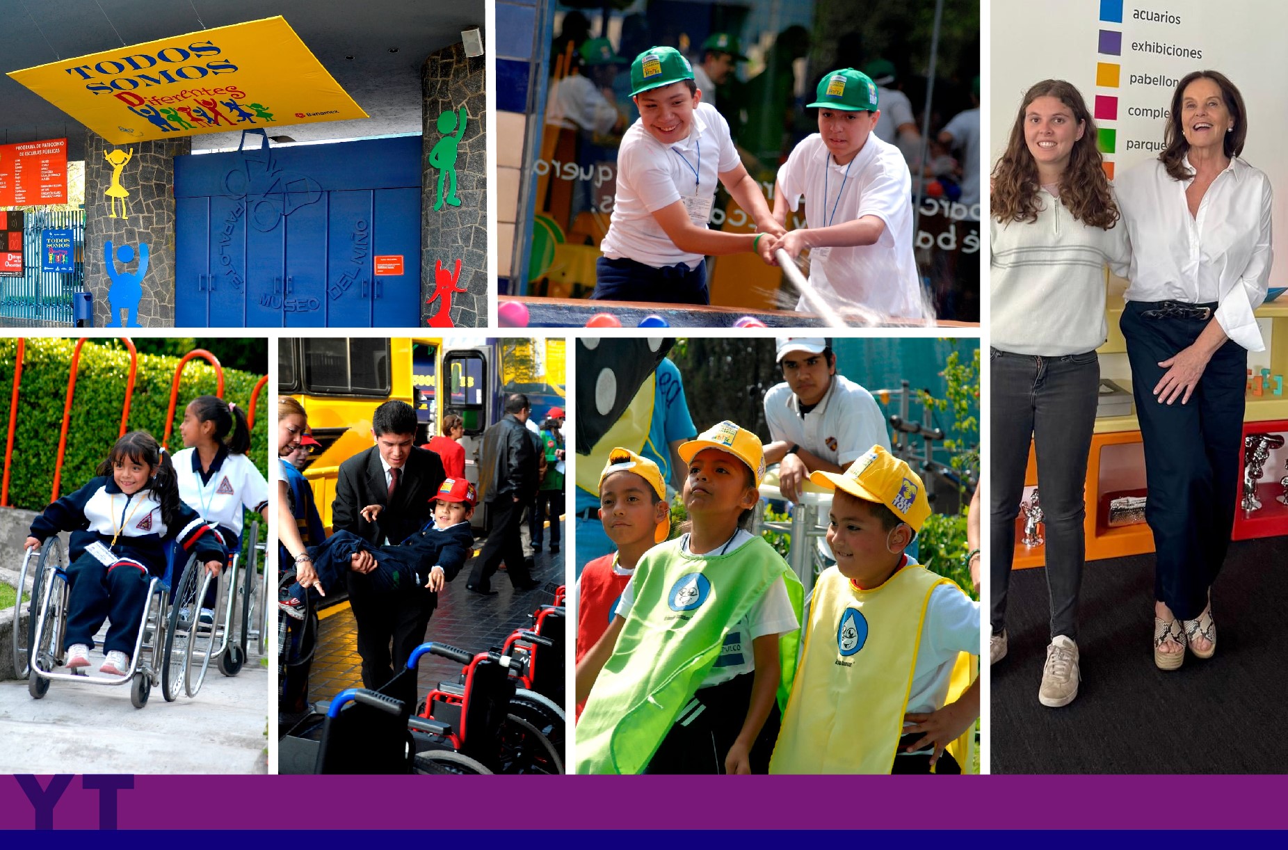 Collage con 7 fotografÃ­as que retratan la visita de infancias con discapacidad a los museos operados por Siete Colores, empresa de Marinela Servitje