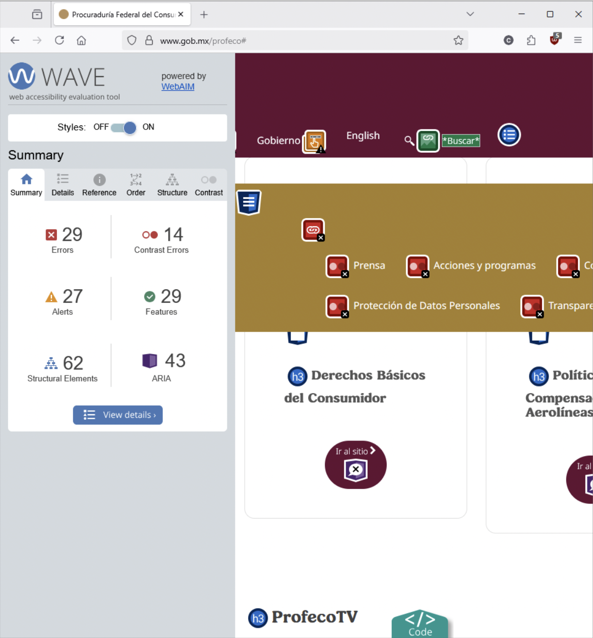 Captura de pantalla del sitio web de la PROFECO con un listado de errores de accesibilidad detectados por la herramienta de evaluación automática WAVE
