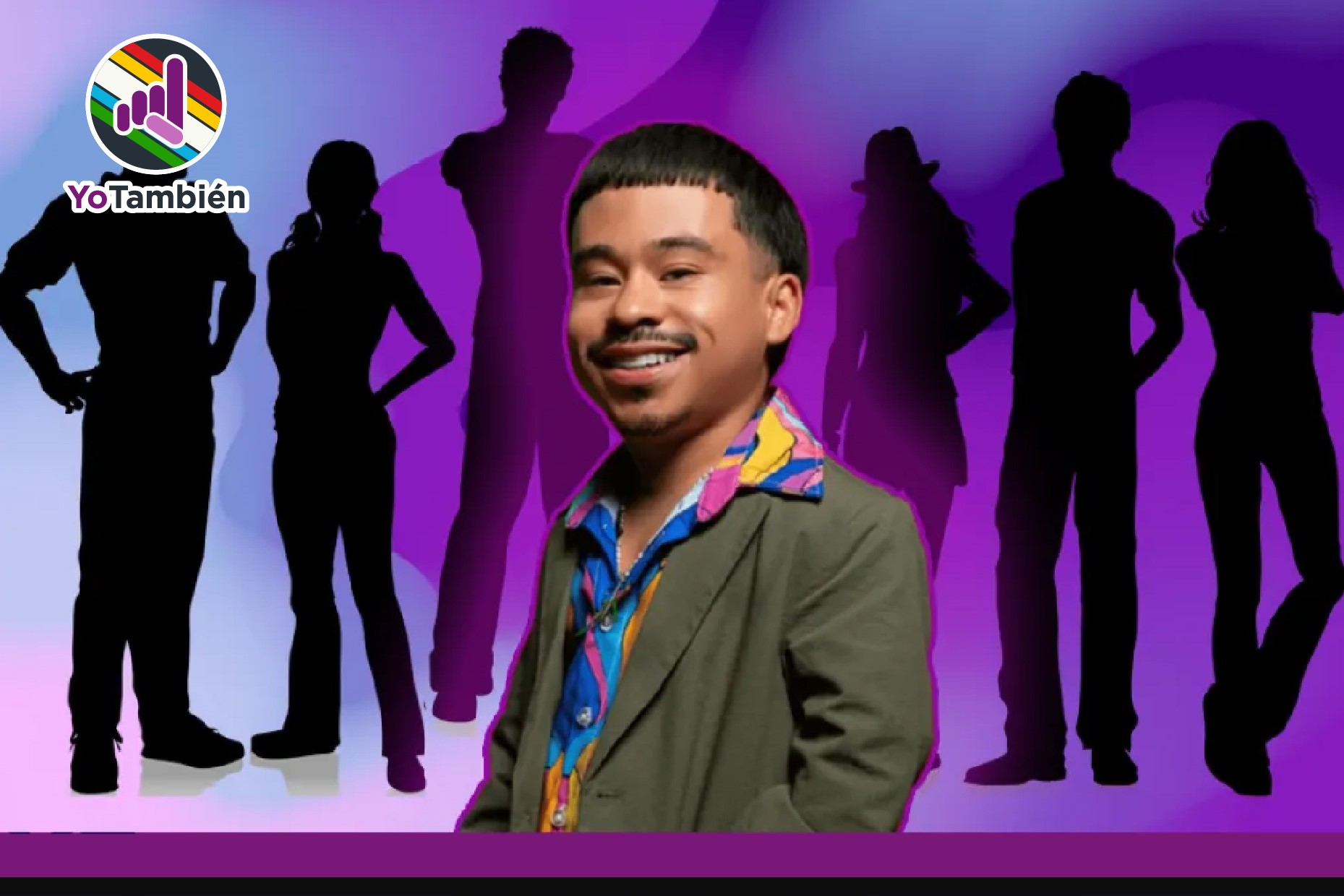 Abelito, persona de talla baja, delante de siluetas de integrantes de 