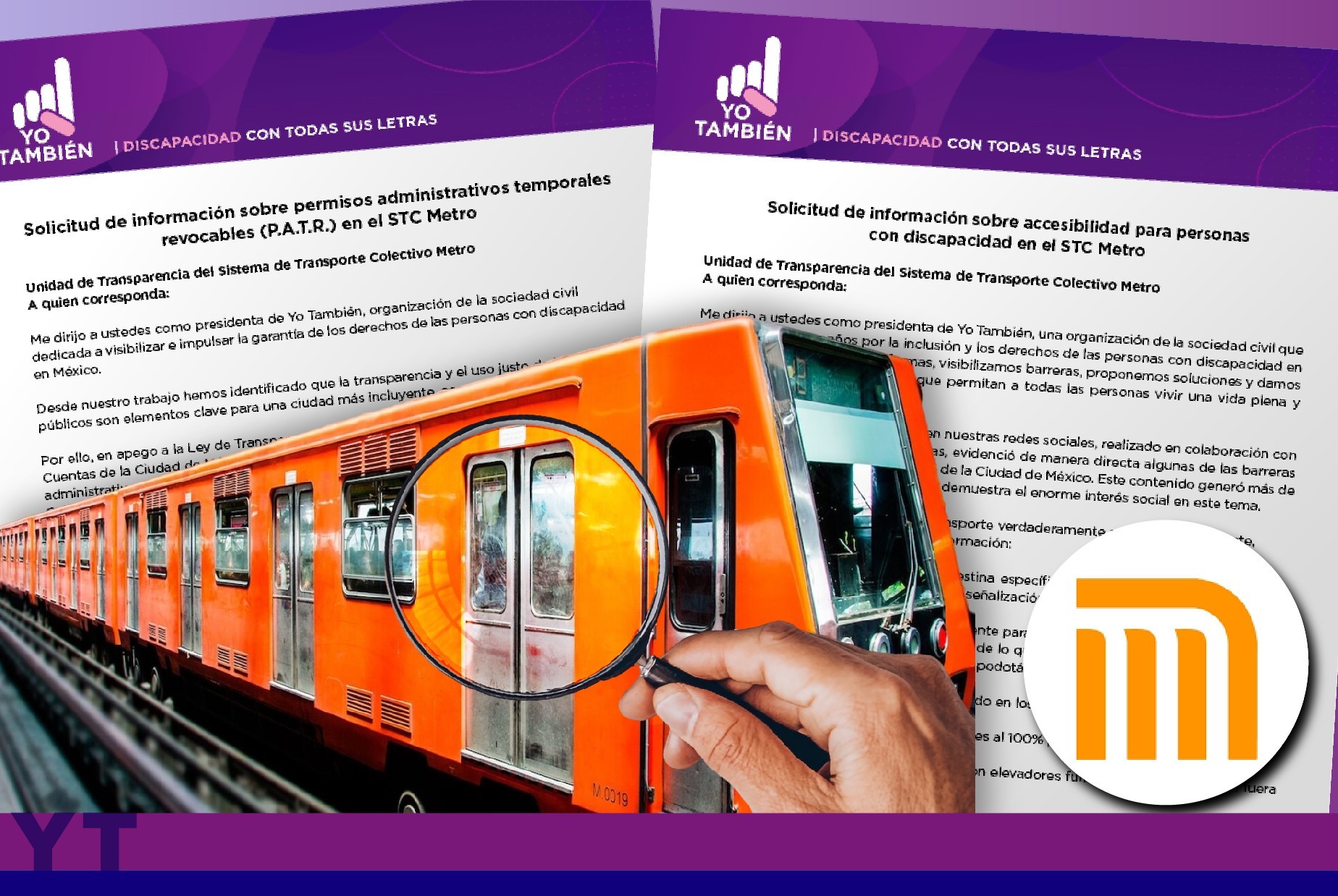Al centro, un vagón del Metro de la CDMX junto a una mano con una lupa y el logotipo del sistema. De fondo, dos solicitudes de información dirigidas al área de transparencia.