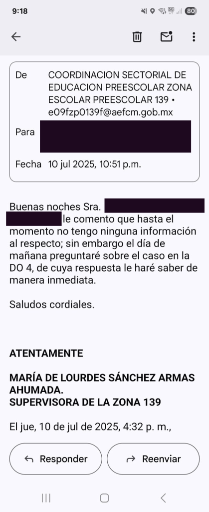 Correo del 10 de agosto en el que se lee que no hay una respuesta respecto a al denuncia frente a la SEP