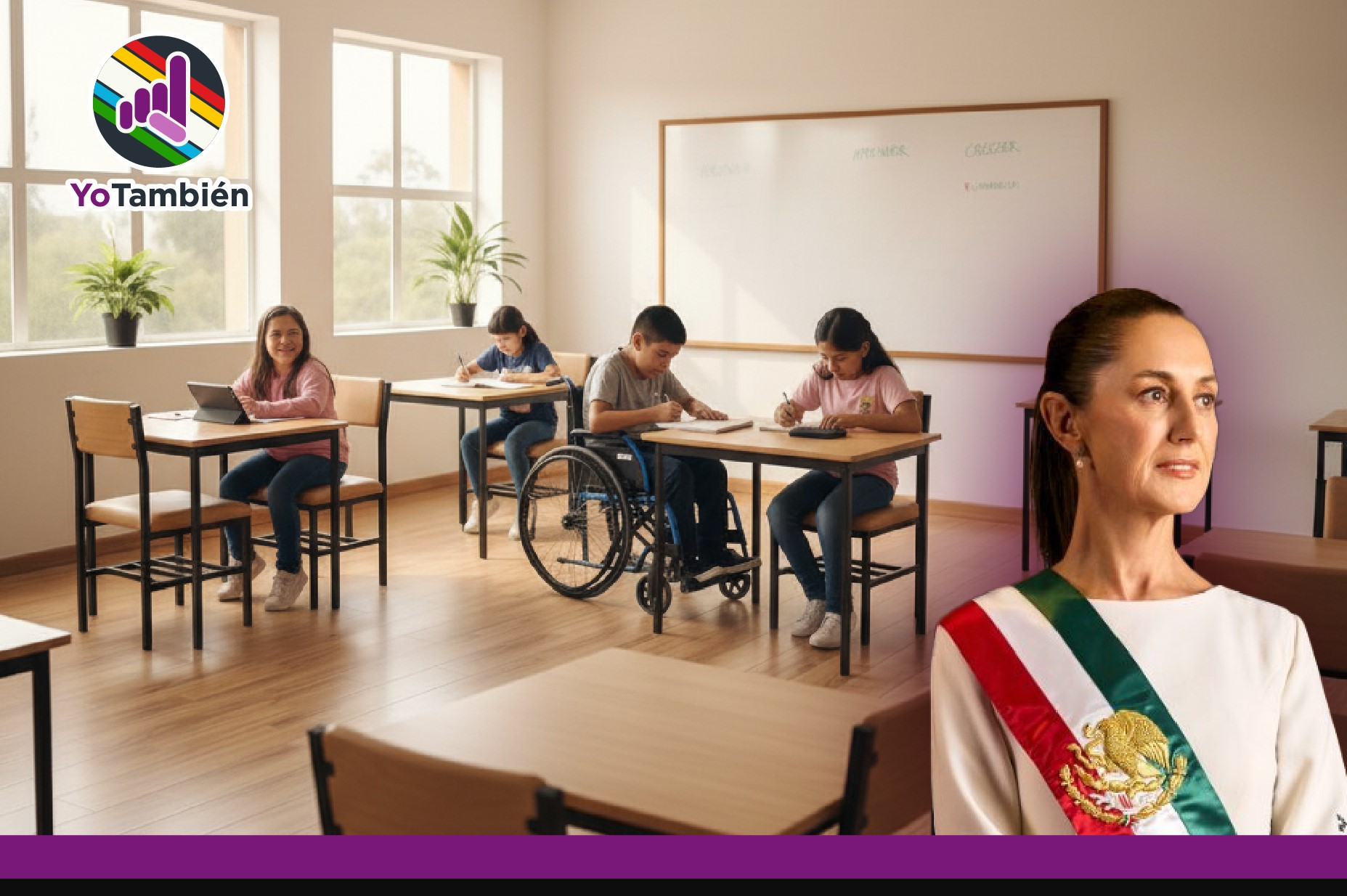 Dos niños con discapacidad en un salón de clases junto a la foto oficial de la presidenta Claudia Sheinbaum