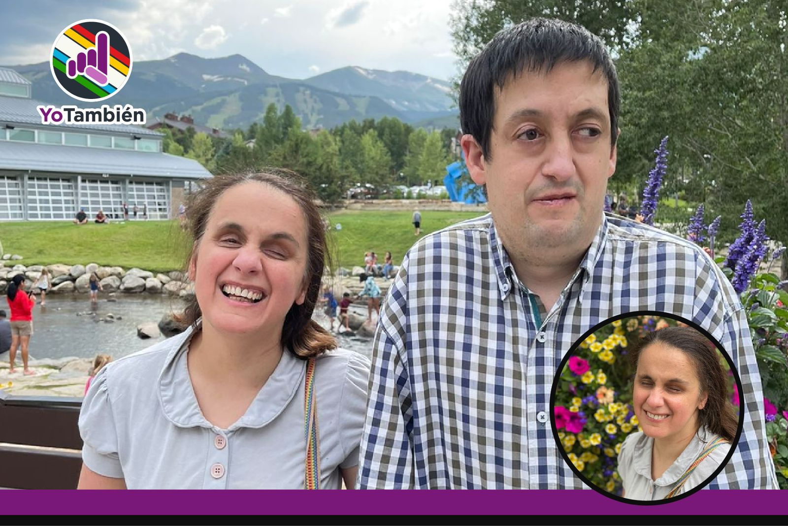 Eugenia Fabro junto a su esposo Ricardo Perdomo, sonriendo a la cámara. Al fondo, un parque con una laguna y montañas