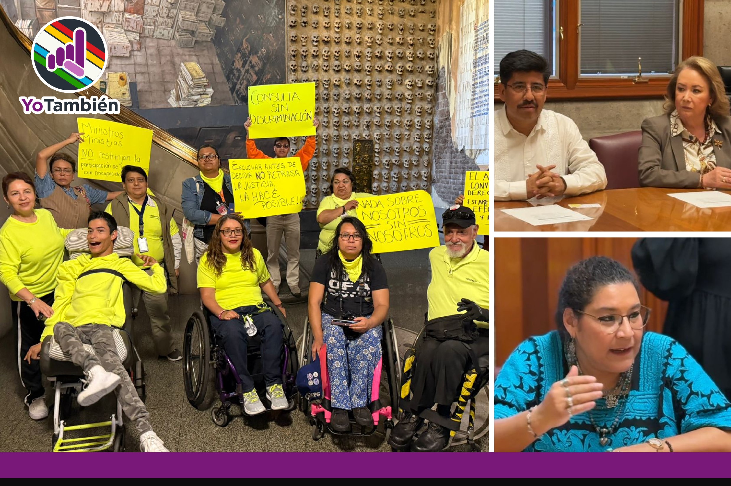 Collage con fotografías del colectivo manifestante y los ministros Hugo Aguilar, Lenia Batres y Yasmín Esquivel