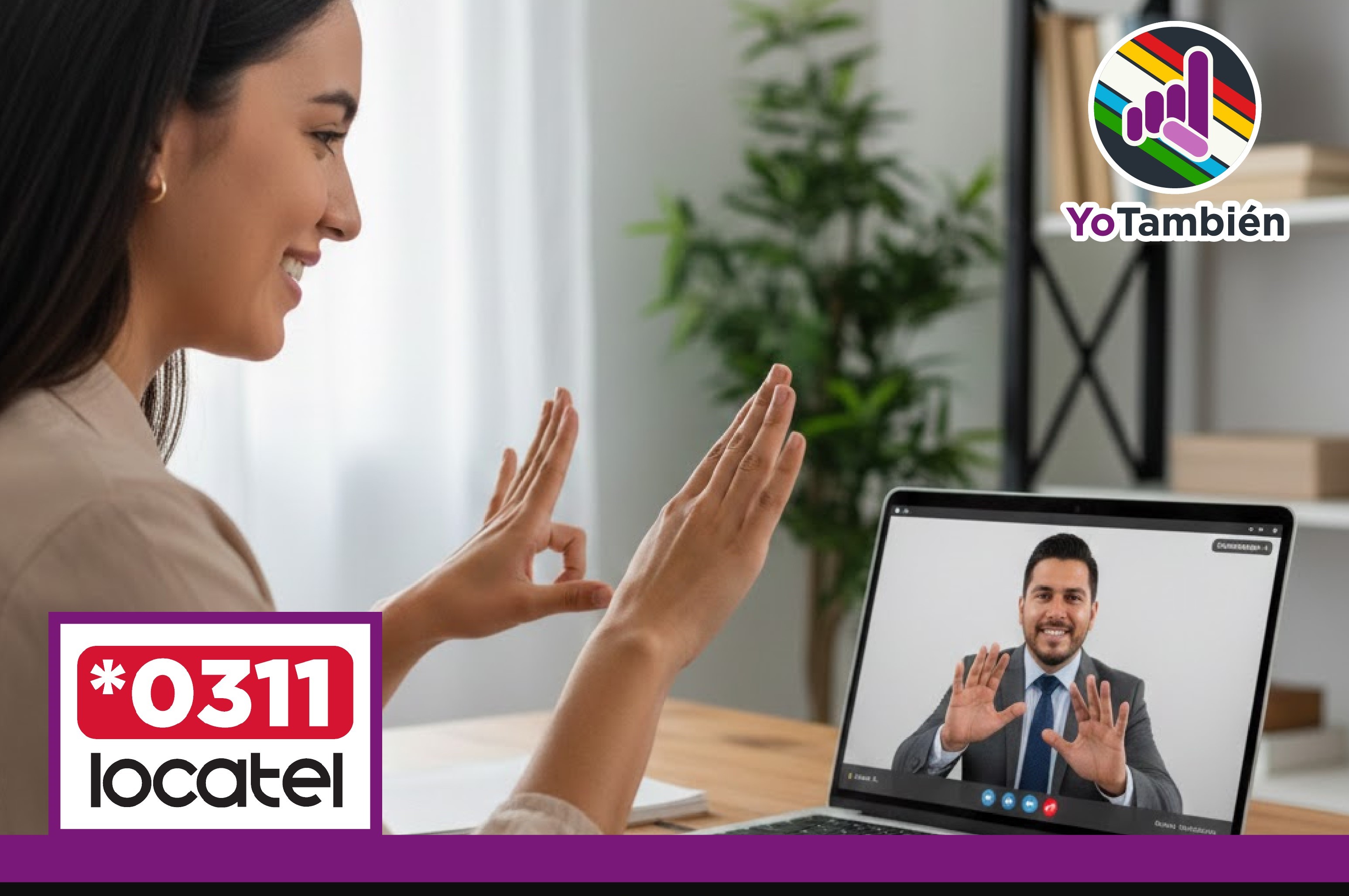 Dos personas en videollamada comunicándose mediante Lengua de Señas Mexicana junto al logotipo de Locatel