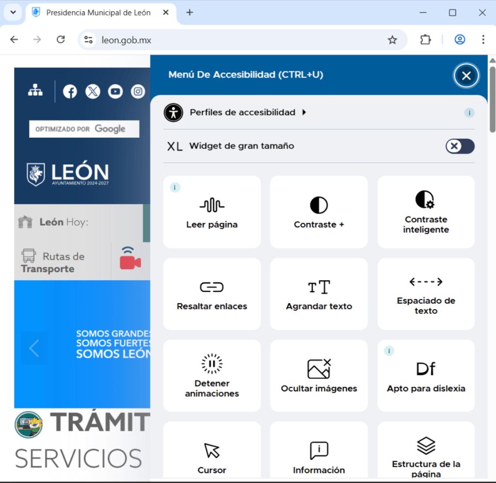 Captura de pantalla del sitio web de León, Guanajuato donde se observan las funciones del widget de accesibilidad