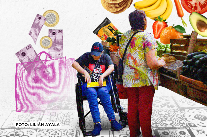 Persona usuaria de silla de ruedas en un mercado junto a otra persona comprando alimentos, con billetes y productos alrededor como referencia al consumo de hogares con discapacidad.