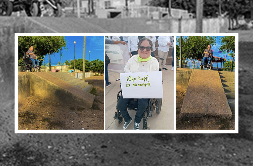 Collage de 3 fotografías de María Milagros Castro Rocha (usuaria de silla de ruedas) y una rampa mal diseñada, en la imagen del centro aparece con un cartel de protesta
