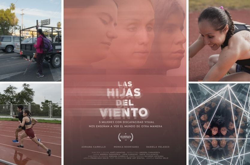 Collage del documental Las hijas del viento con escenas de tres mujeres con discapacidad visual en su vida cotidiana y entrenamientos de atletismo.