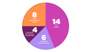 Gráfico circular sobre la atención a la discapacidad en México: 14 estados dependen principalmente del DIF estatal, 8 operan desde dependencias mixtas, 6 cuentan con institutos especializados y 4 tienen secretarías de inclusión o discapacidad.