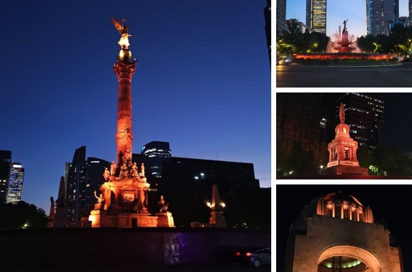 Monumentos emblemáticos de la Ciudad de México iluminados de naranja para visibilizar el Síndrome de Ehlers-Danlos.