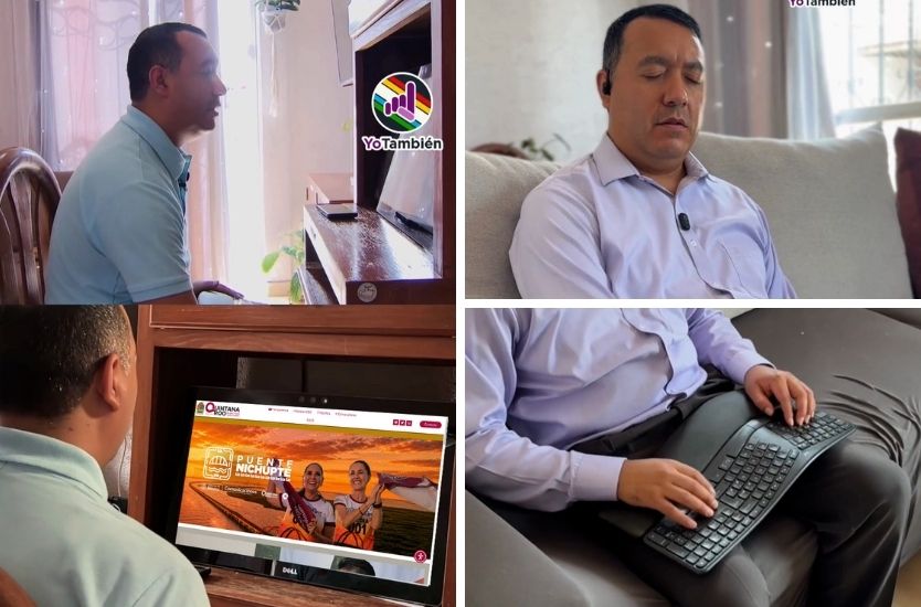 Collage de un hombre ciego utilizando una computadora y un teclado adaptado mientras navega en un portal gubernamental.