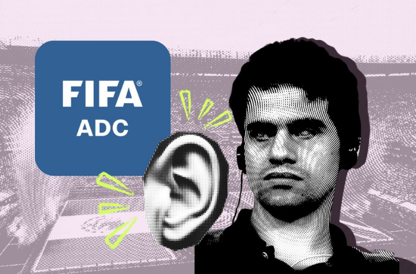 Al centro, una persona ciega con audífonos junto a una oreja destacando el sentido del oído. De fondo, el Estadio Azteca durante el partido inaugural del Mundial 2026 y el icono de la app oficial de la FIFA