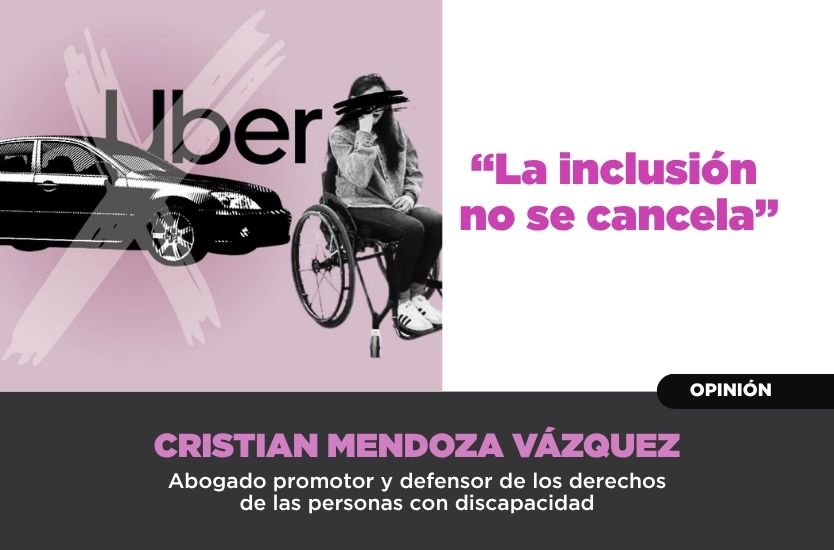 Ilustración de una persona usuaria de silla de ruedas junto a un automóvil y el logotipo de Uber tachado con una X
