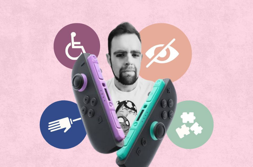 Al centro, el creador de contenido Yosoyyeyo. A sus costados, los controles del Nintendo Switch 2 e iconos que representan discapacidades motriz, visual, física e intelectual