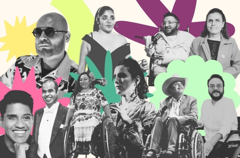 Collage de músicos con discapacidad cantando, tocando instrumentos y participando en distintos espacios musicales.