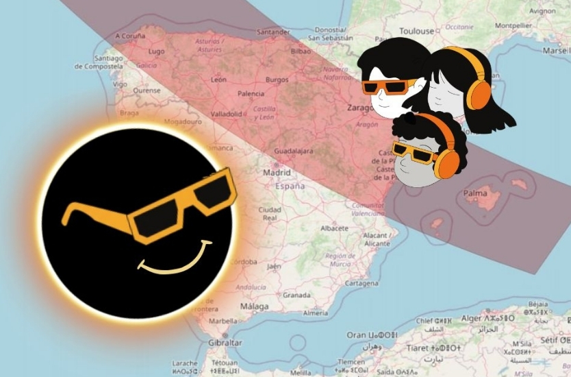 Mapa de España con una franja roja que indica la zona de paso del eclipse. A un costado la animación de tres personas viviendo el fenómeno: dos con lentes y una con audífonos