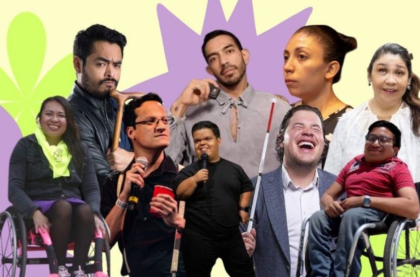 Collage con nueve comediantes mexicanos con discapacidad que forman parte de la escena del stand up.