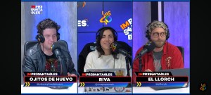 Ilustración de tres conductores de radio de Los Impresentables, frente a sus micrófonos y con audífonos.