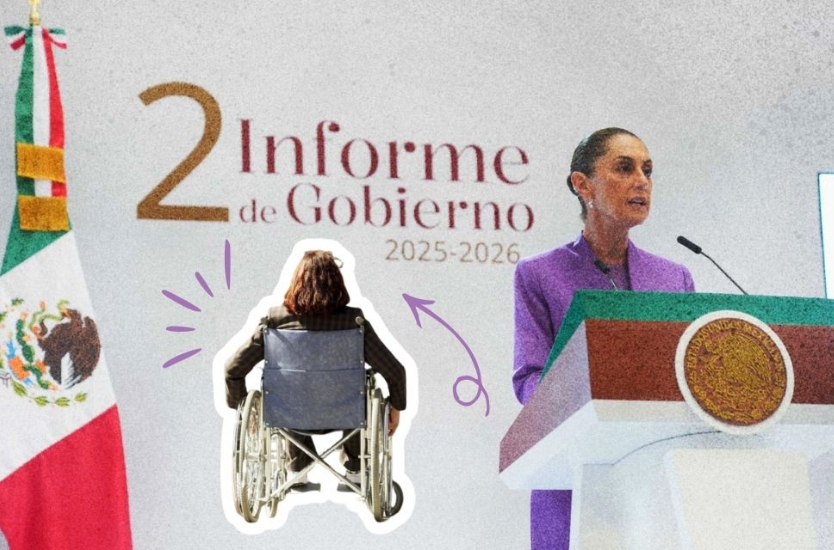 Ilustración sobre el Segundo Informe de Gobierno 2025-2026, con una mujer en silla de ruedas y la presidenta de México durante un discurso.