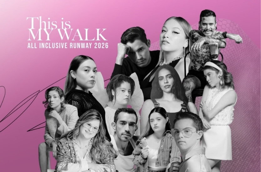Composición en blanco y negro de modelos con discapacidad y diseñadores de All Inclusive Runway 2026, sobre un fondo rosa, con el texto “This is My Walk All Inclusive Runway 2026” en la parte superior izquierda.