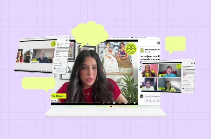 Mujer durante un webinar, acompañada de otras personas en videollamada y publicaciones en redes sociales.