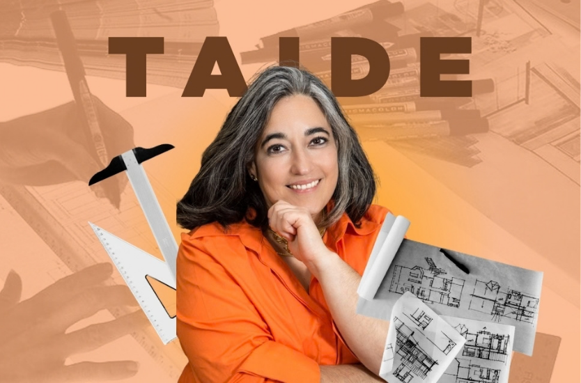 Taide Buenfil Arquitecta y Consultora en Accesibilidad y Diseño Universal, rodeada de elementos referentes a la arquitectura.